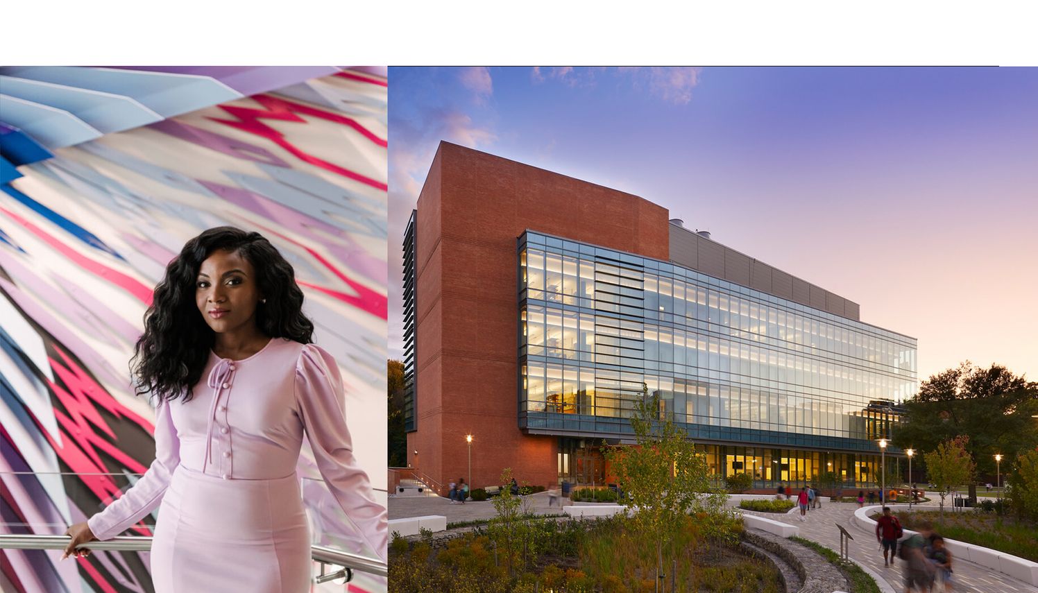 Left: photo of Kizzmekia Corbett, a developer of the Moderna Covid-19 vaccine; Right: Exterior of Interdisciplinary Life Sciences Building at the University of Maryland, Baltimore County