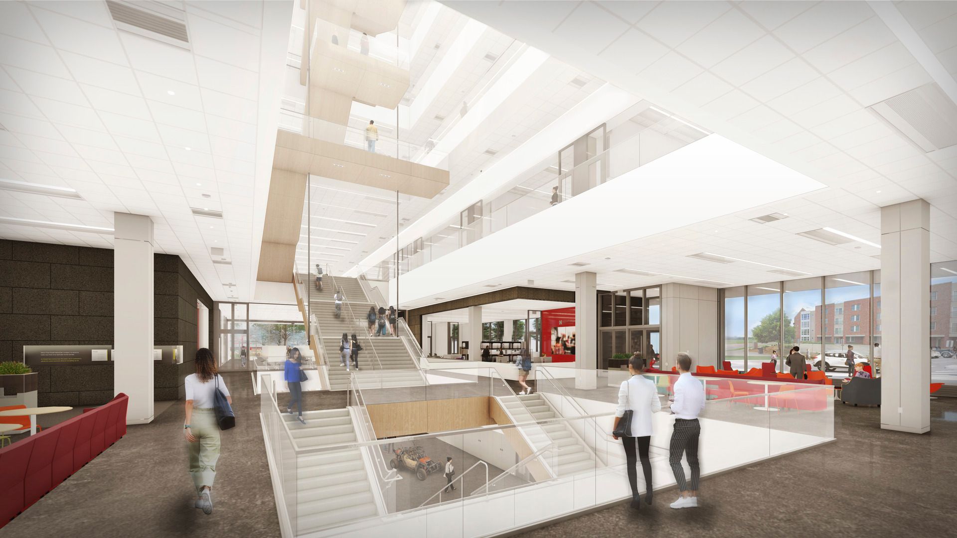 Interior rendering of lounge and stairs in Kiewit Hall at University of Nebraska- Lincoln