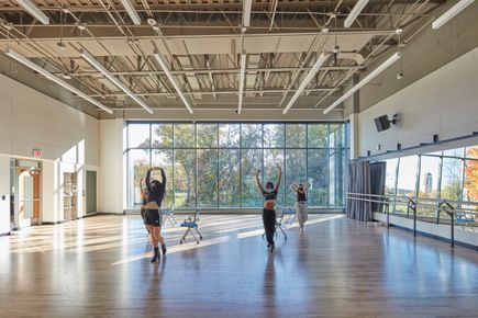 interior of Michigan Dance Building with dancers practicing