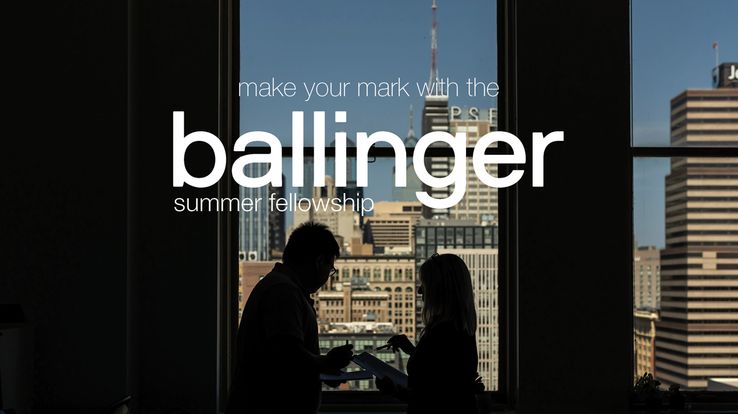 Philadelphia city view with a staff silhouette stating 'make your mark with the ballinger summer fellowship'