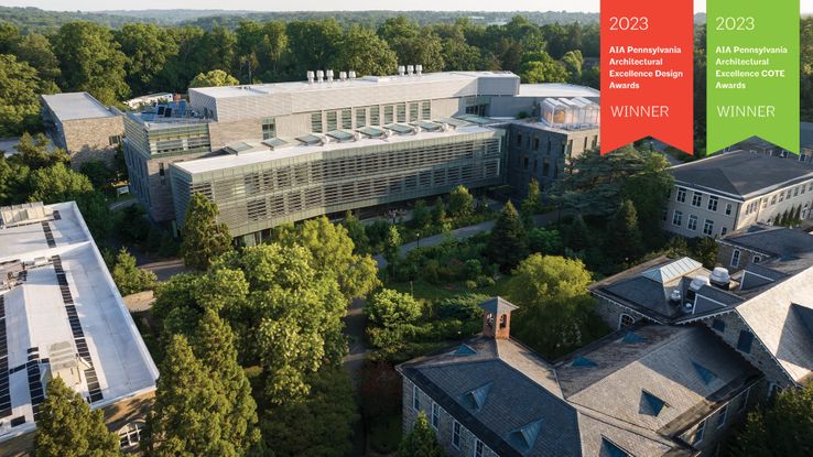 Exterior of Maxine Frank Singer Hall at Swarthmore College with AIA Pennsylvania Architectural Excellence Design Award and AIA Pennsylvania Architectural Excellence COTE Award seals in the corner